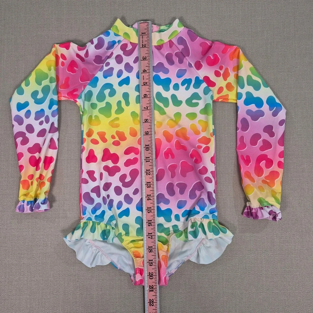 Girls Rainbow Leopard Long Sleeve Rash Guard Swimsuit Size 130